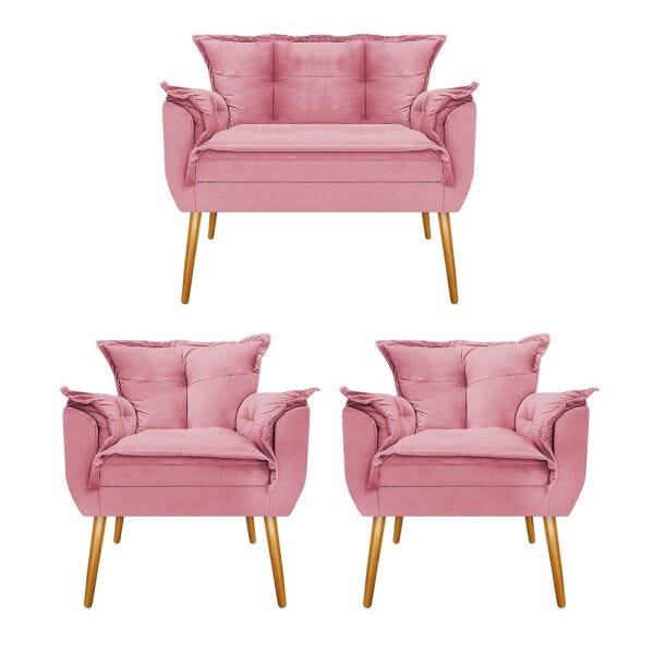 Kit Namoradeira e 02 Poltronas Opala Palito Mel Suede Rosa Bebê - STS Móveis - 1