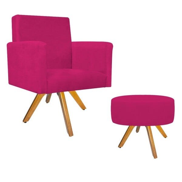 Kit Poltrona Beatriz e Puff Sofia Base Giratória de Madeira Suede Pink - STS Móveis - 1