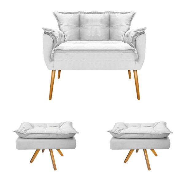 Kit Namoradeira e 2 Puff Opala Base Giratória de Madeira Suede Branco - Sts Móveis - 1