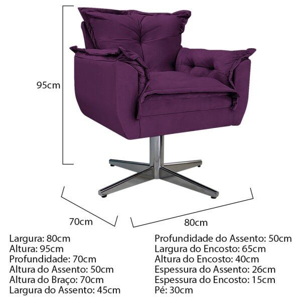 Kit 2 Poltronas Opala Base Giratória de Metal Suede Roxo - Sts Móveis - 5