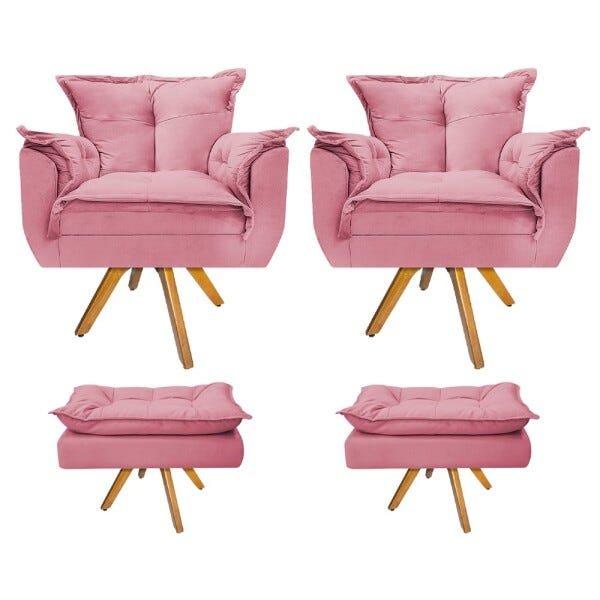 Kit 2 Poltronas e 2 Puff Opala Base Giratória de Madeira Suede Rosa Bebê - Sts Móveis - 1