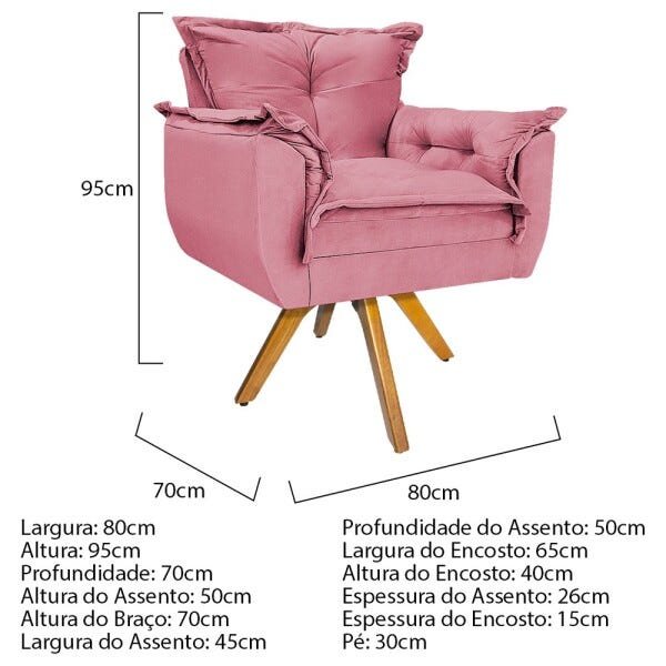 Kit 2 Poltronas e 2 Puff Opala Base Giratória de Madeira Suede Rosa Bebê - Sts Móveis - 5