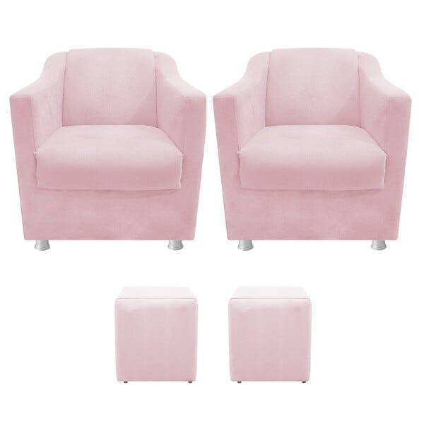 Kit 2 Poltronas Tilla e 2 Puffs Dado Corano Rosa Bebê - 1