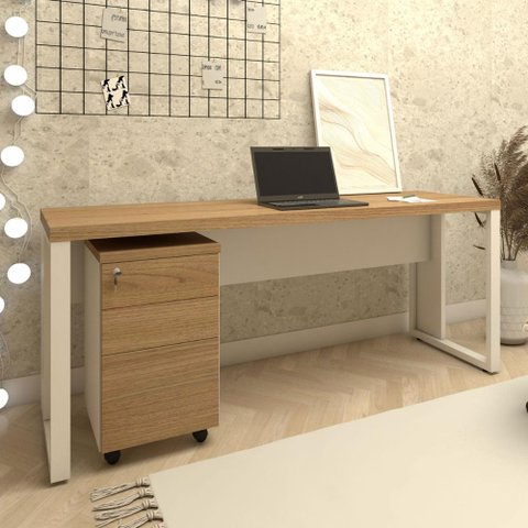 Mesa Escrivaninha Industrial 1,90m com Gaveteiro e Pés Metal Cor:macadâmia com Branco