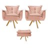 Kit 2 Poltronas e Puff Opala Base Giratória de Madeira Suede Rosê - Sts Móveis - 1