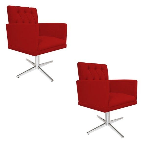 Kit 2 Poltronas Fernanda Base Giratória de Metal Suede Vermelho - 1
