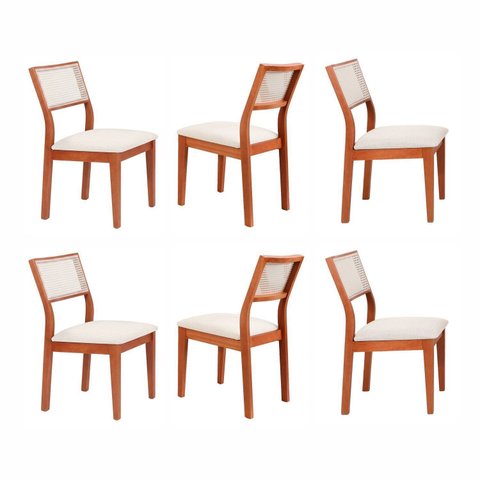 Kit 6 Cadeiras Madeira Maciça com Estofado e Fibra Natural Rattan Maya Yescasa Marrom/Champagne/Off White