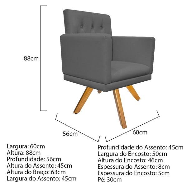 Kit 2 Poltronas Fernanda Base Giratória de Madeira Corano Cinza - 5