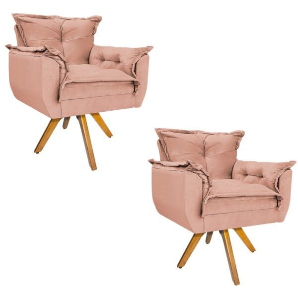 Kit 2 Poltronas Opala Base Giratória de Madeira Suede Rosê - Sts Móveis - 1