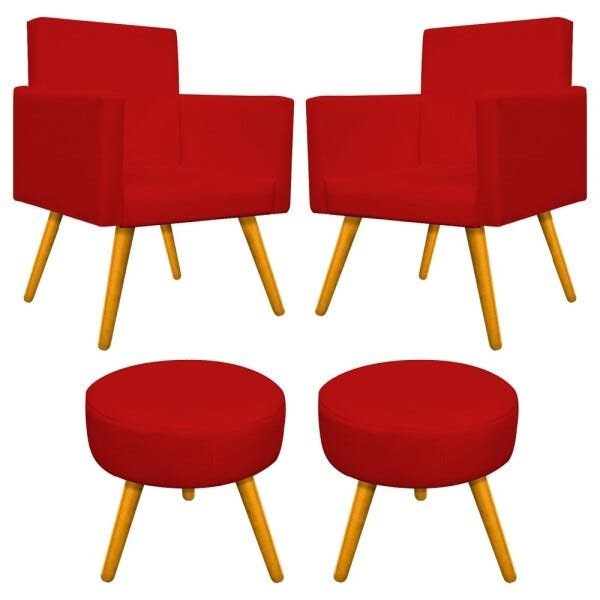 Kit 2 Poltronas Beatriz e 2 Puff Sofia Palito Mel Corano Vermelho - 1