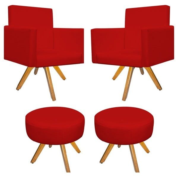 Kit 2 Poltronas Beatriz e 2 Puff Sofia Base Giratória de Madeira Corano Vermelho - 1