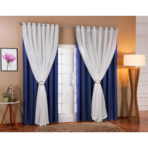 Cortina De Voil C/ Forro Blackout Tecido 3,00x2,60 Sala E Quarto Azul/Branco