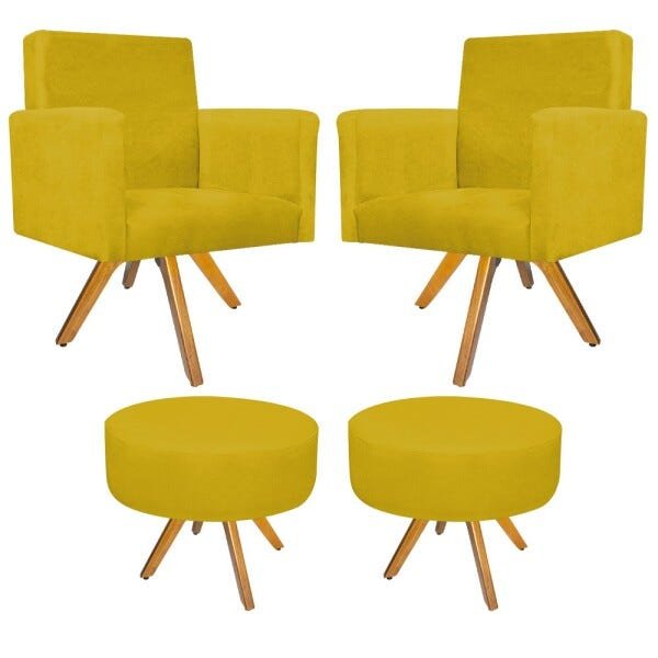 Kit 2 Poltronas Beatriz e 2 Puff Sofia Base Giratória de Madeira Suede Amarelo - 1