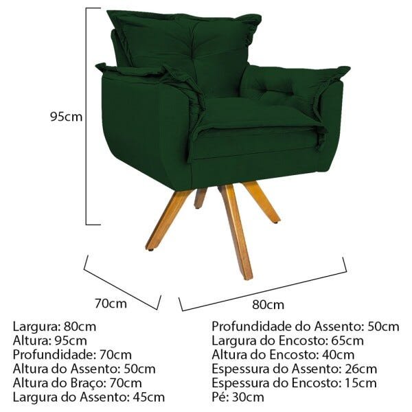 Kit 3 Poltronas Opala Base Giratória de Madeira Suede Verde - Sts Móveis - 5