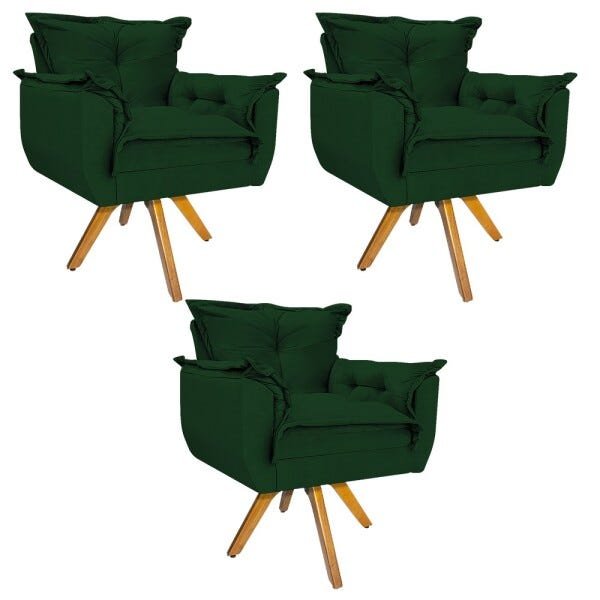 Kit 3 Poltronas Opala Base Giratória de Madeira Suede Verde - Sts Móveis - 1