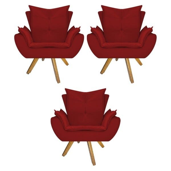 kit 03 Poltronas Apolo Base Giratória de Madeira Suede Vermelho - STS Móveis - 1