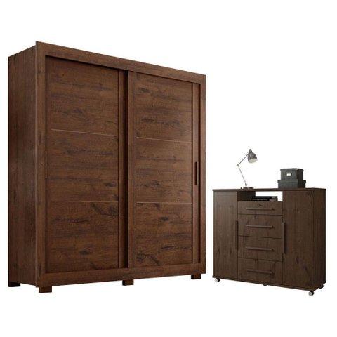 Guarda Roupa Casal Titanium 2 Portas com Cômoda Sapateira Versátil 4 Gavetas Jacarandá Fosco-