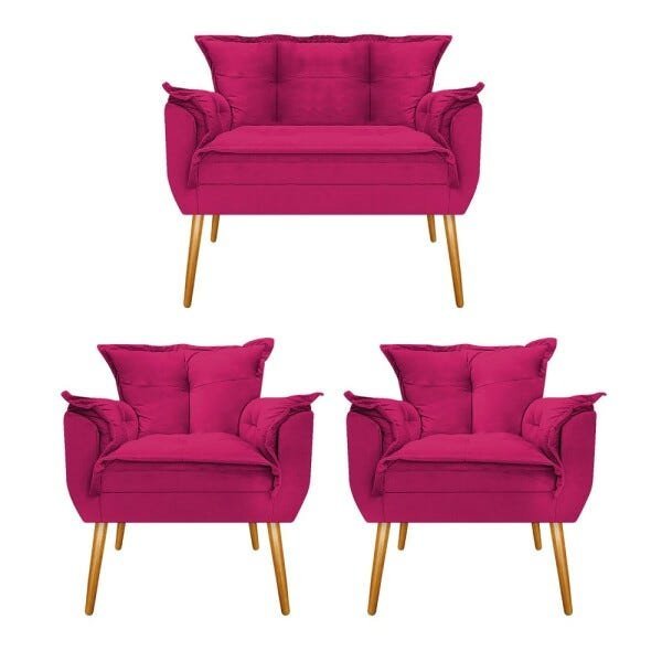 Kit Namoradeira e 02 Poltronas Opala Palito Mel Suede Pink - STS Móveis - 1