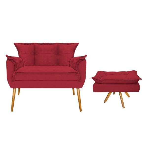 Kit Namoradeira e Puff Opala Base Giratória de Madeira Suede Vermelho - Sts Móveis - 1