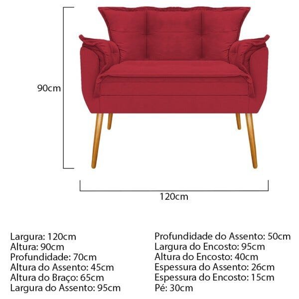 Kit Namoradeira e Puff Opala Base Giratória de Madeira Suede Vermelho - Sts Móveis - 3