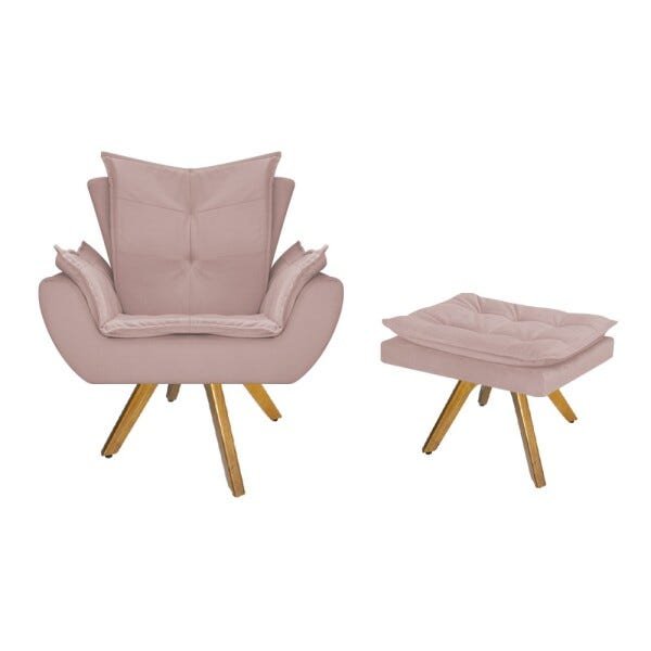 kit Poltrona e Puff Apolo Base Giratória de Madeira Suede Rosê - STS Móveis - 1