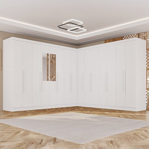 Guarda-Roupa de Canto Modulado com Espelho 15 Portas 6 Gavetas Inglaterra Branco