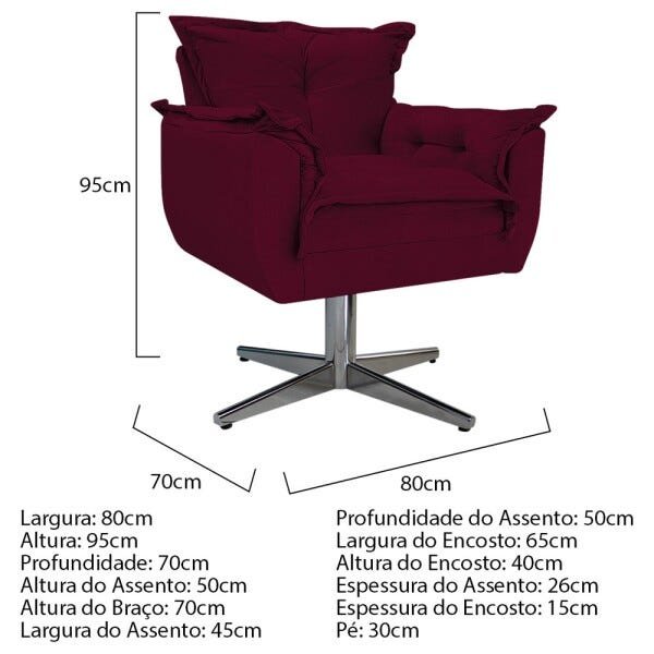 Kit 2 Poltronas e Puff Opala Base Giratória de Metal Suede Bordô - Sts Móveis - 5