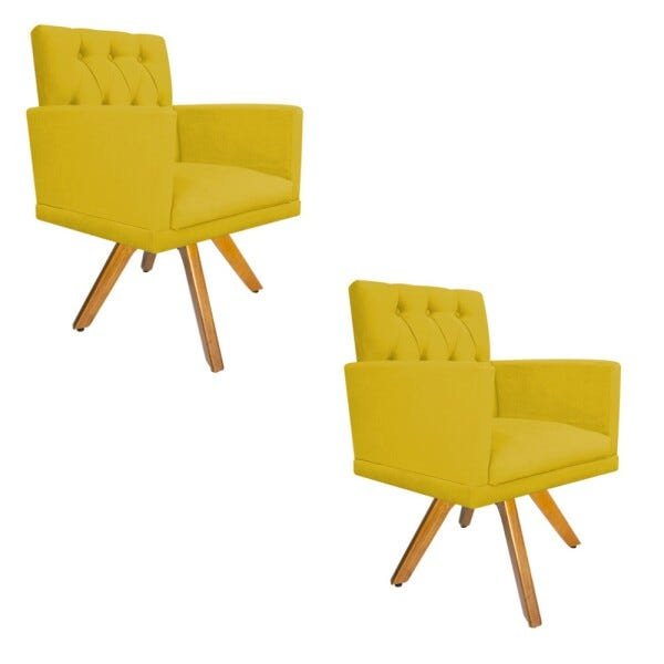 Kit 2 Poltronas Fernanda Base Giratória de Madeira Suede Amarelo - 1