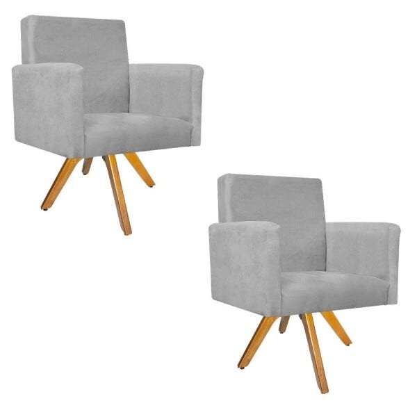 Kit 2 Poltronas Beatriz Base Giratória de Madeira Suede Cinza - 1
