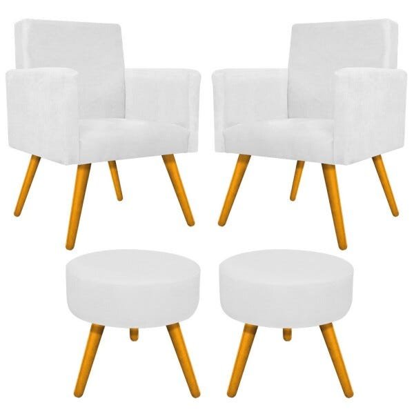 Kit 2 Poltronas Beatriz e 2 Puff Sofia Palito Mel Suede Branco - 1