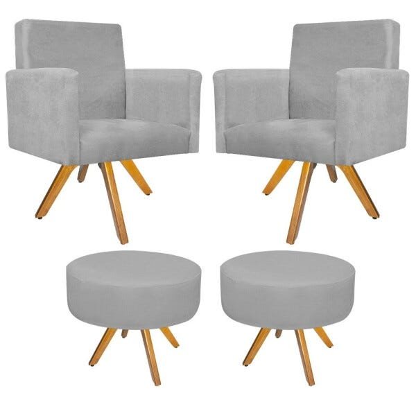 Kit 2 Poltronas Beatriz e 2 Puff Sofia Base Giratória de Madeira Suede Cinza - 1