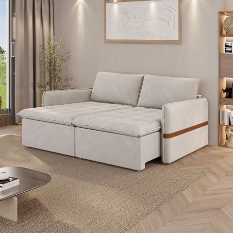 Sofá Cama Retrátil Renno D28 com Detalhe em Couro:Suede Bege Claro/260cm