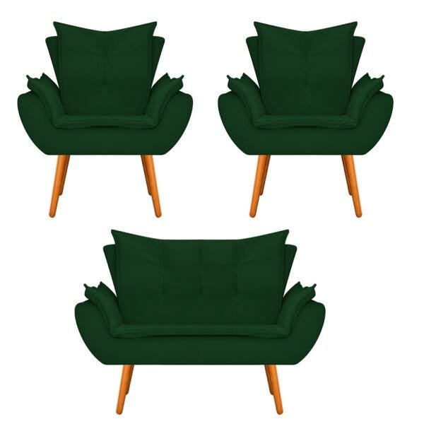Kit Namoradeira e 02 Poltronas Apolo Palito Mel Suede Verde - STS Móveis - 1