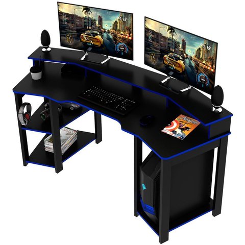 Mesa para Computador Gamer Espaço para 2 Monitores e Cpu Preto/Azul