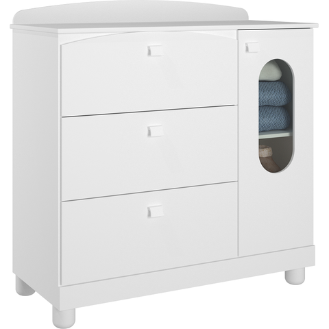 Cômoda Infantil 3 Gavetas 1 Porta Quarto Criança Multiuso Luxo Enxoval do Bebê 100% Mdf Cor Branco