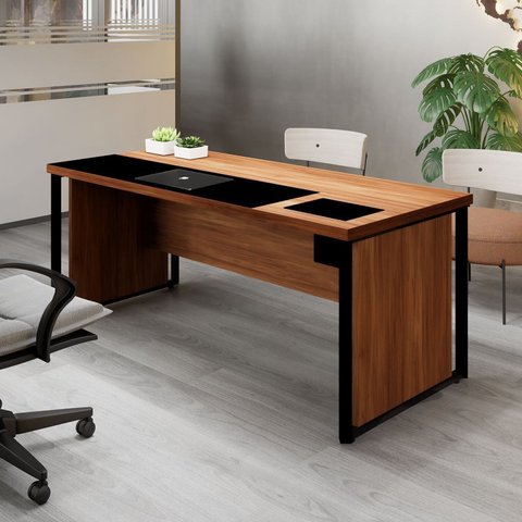 Escrivaninha Mesa Escritório Diretor com Caixa de Tomadas e Porta Objetos 200cm Corporate Nogal e Preto Marrom
