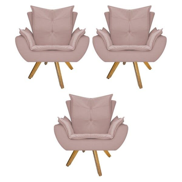 kit 03 Poltronas Apolo Base Giratória de Madeira Suede Rosê - STS Móveis - 1