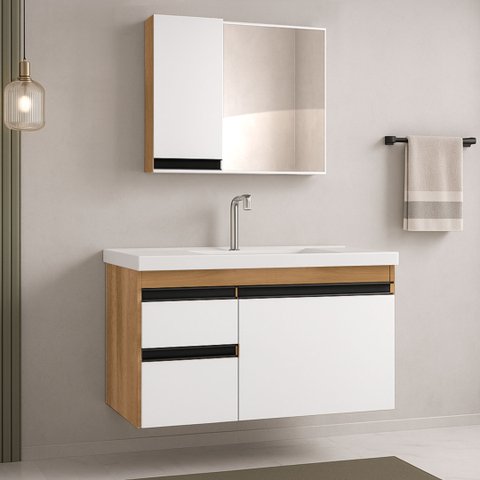 Kit Armário de Banheiro Fimap Gabinete com Cuba Lavatório King 73cm Fimap Freijó Branco