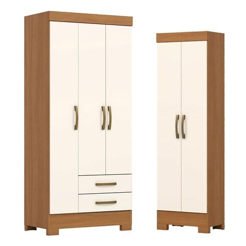 Guarda Roupa Sensi 03 Portas e 02 Gavetas com Pés Be16 com Armário Multiuso 2 Portas 3 Prateleiras C