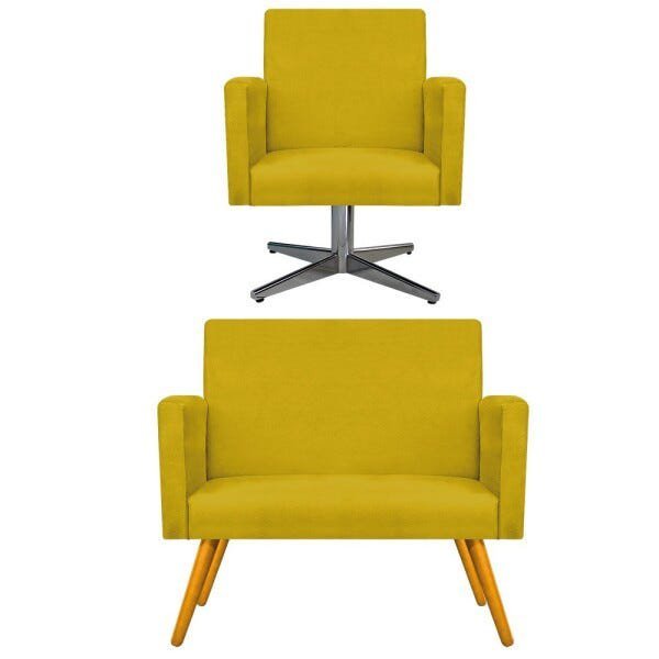 Kit Namoradeira e Poltrona Beatriz Base Giratória de Metal Suede Amarelo - STS Móveis - 1