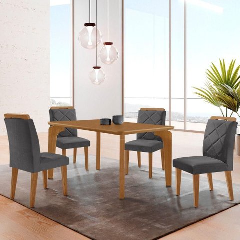 Mesa Liz 120 MDF com 4 Cadeiras Melissa Veludo Grafite/Naturalle/Naturalle