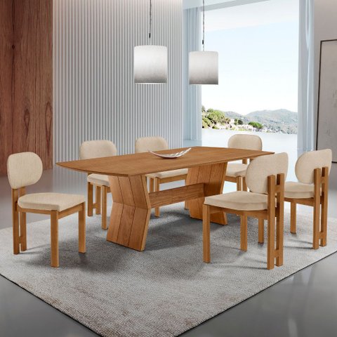 Sala de Jantar Mesa Portugal 180cm Tampo Laminado Barril e 6 Cadeiras Nala Moderna Mobília