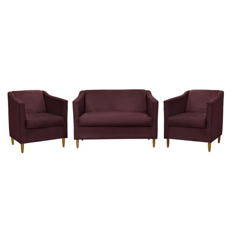 Kit Namoradeira e 2 Poltronas Titânio Suede Bordô Escuro