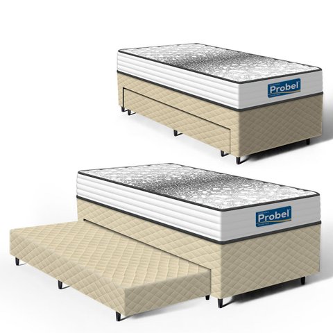 Cama Box com Auxiliar + Colchão de Molas Ensacadas Double Face Essence Probel Solteiro 88cm