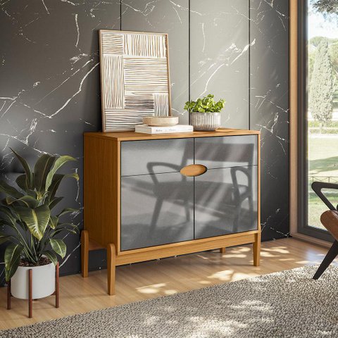 Aparador Buffet Intense 2 Portas Retrô com Pés de Madeira Freijó / Cinza Perolizado - Movelove