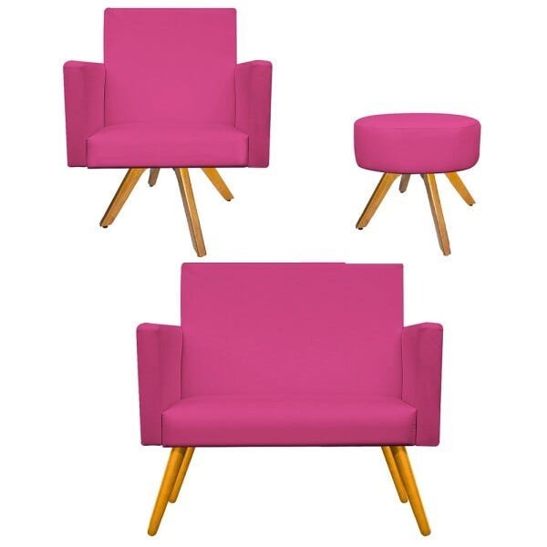 Kit Namoradeira, Poltrona Beatriz e Puff Sofia Base Giratória de Madeira Corano Pink - STS Móveis - 1