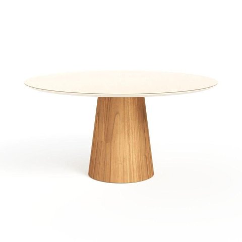 Mesa de Jantar Redonda 160cm Scandi 8 Lugares Lamina Natural de Madeira Off White Vidro