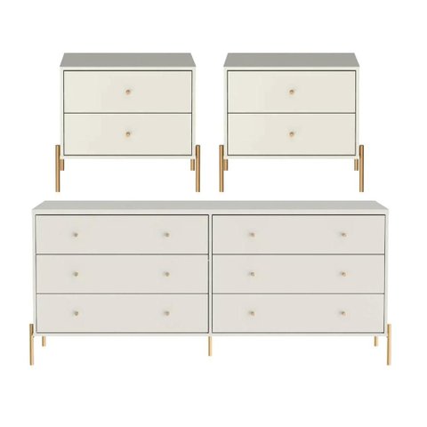 Conjunto 2 Mesas de Cabeceira e Cômoda 6 Gavetas Jasper - Off White Fosco C/ Dourado
