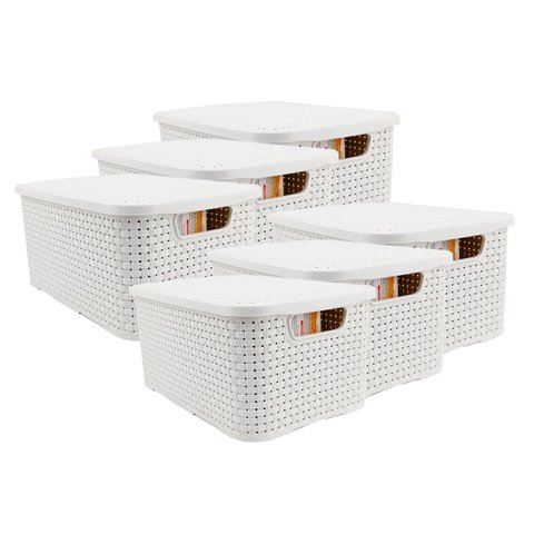 Conjunto Cestos Organizadores 6 Peças Rattan Plástico Resistente Médio Cesto C/ Tampa Capacidade 8L 