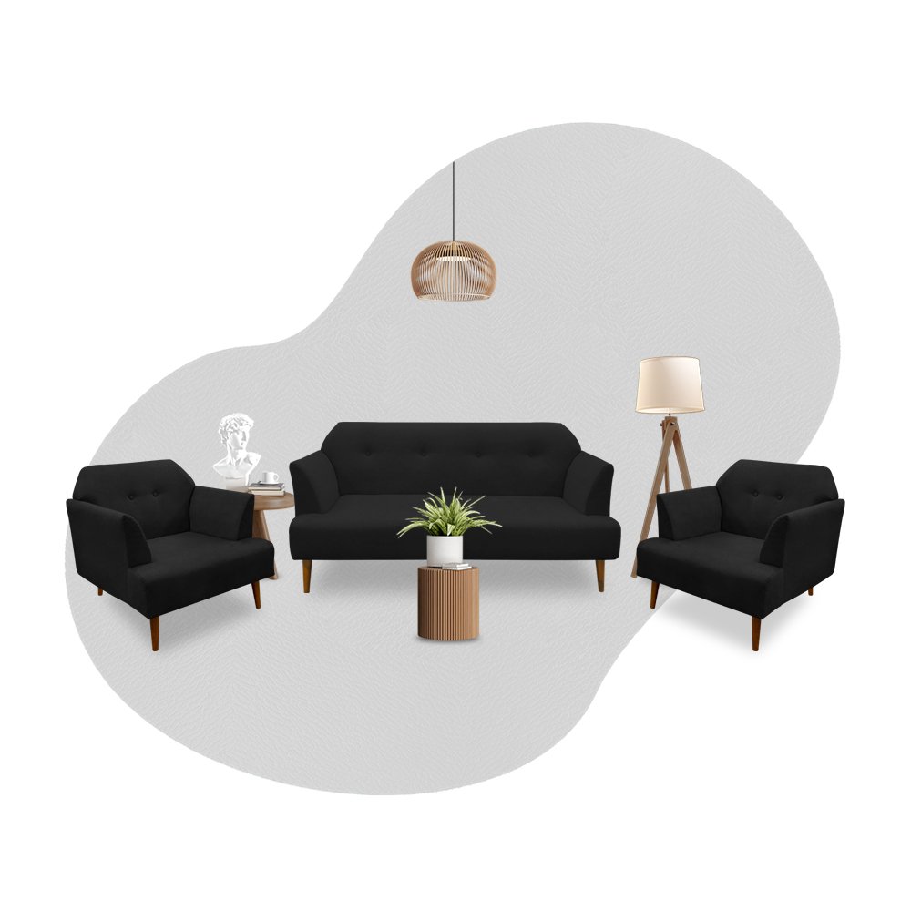 Conjunto Sofá Bréscia 3 Lugares + 2 Poltronas Bréscia Corino Preto